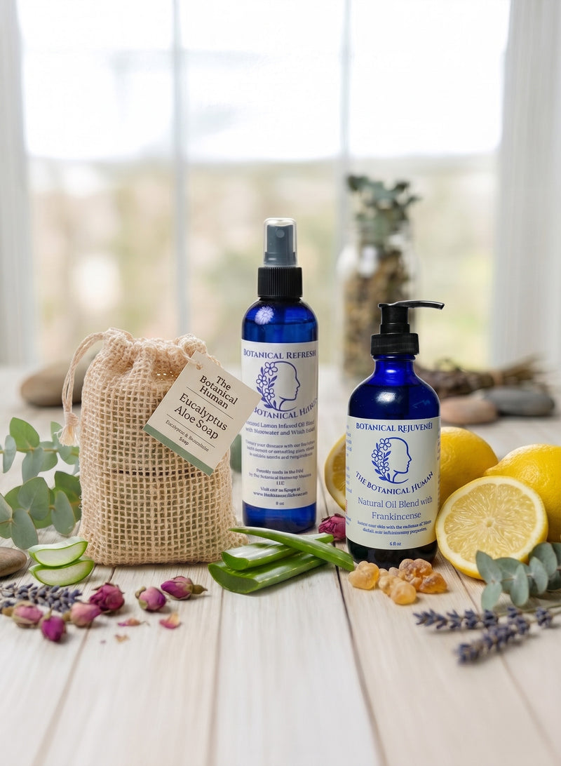 Natural Beauty Starter Kit — handmade goat's milk shampoo bar, organic rose water facial mist, and frankincense anti-aging eye oil