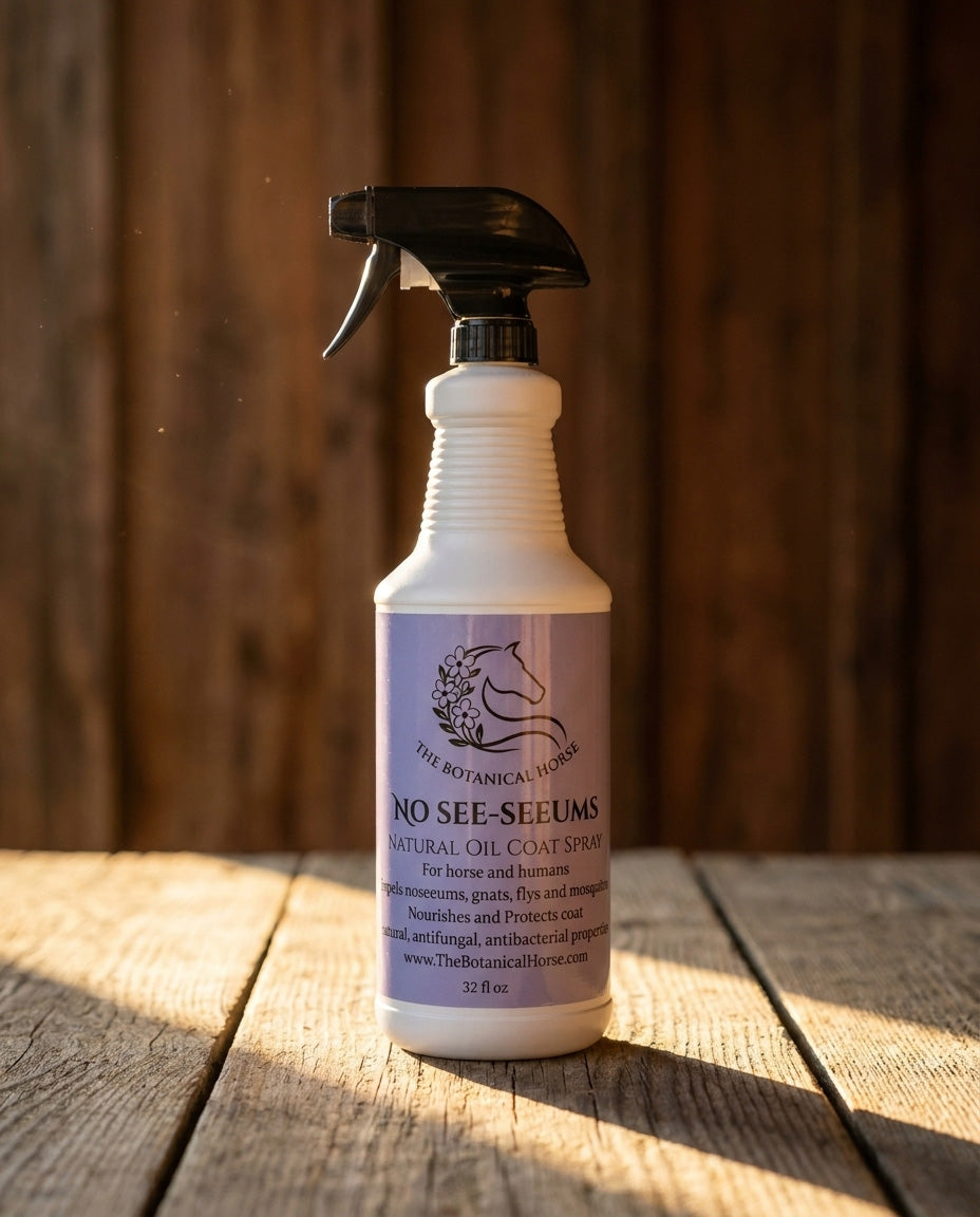 The Botanical Horse No-See-Um Natural Oil Coat Spray 32 oz bottle on rustic barn wood