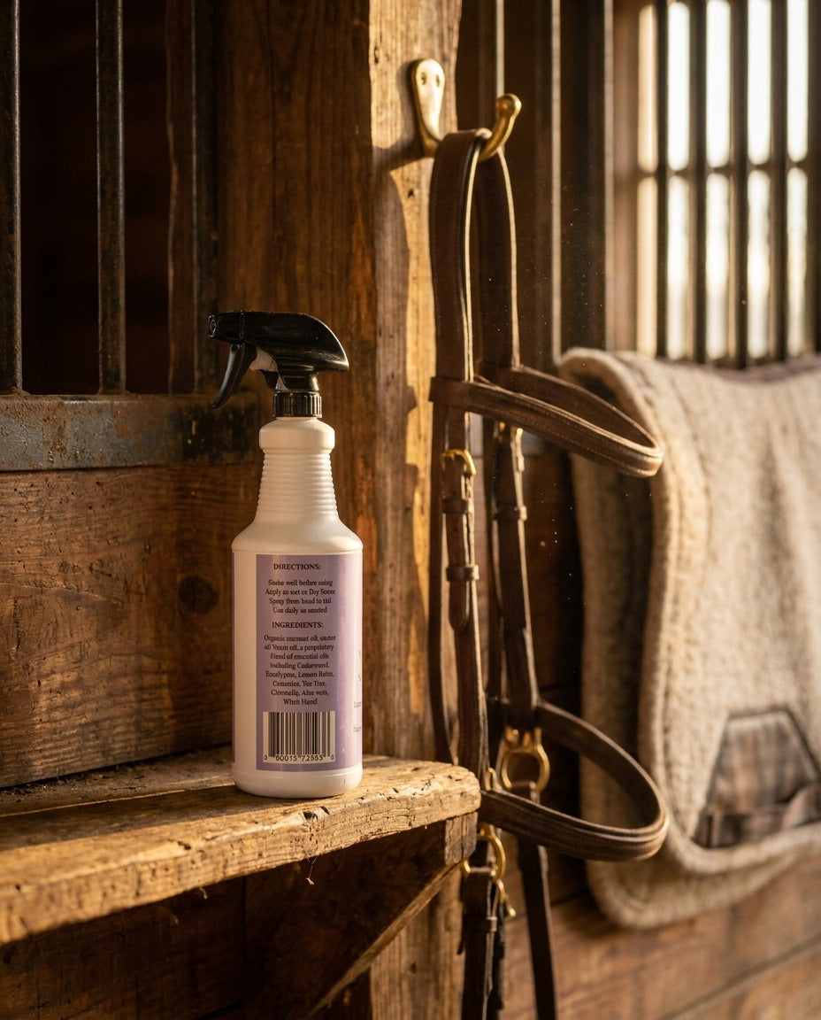 No-See-Um Coat Spray directions and ingredients label on a barn shelf with leather bridle