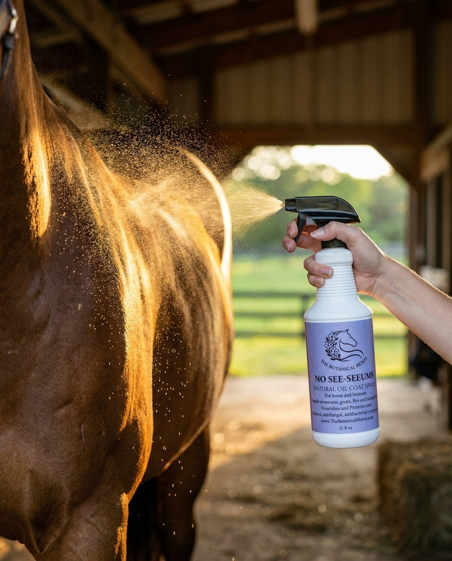 Spraying No-See-Um Coat Spray onto a horse's shoulder — fine mist in golden barn light