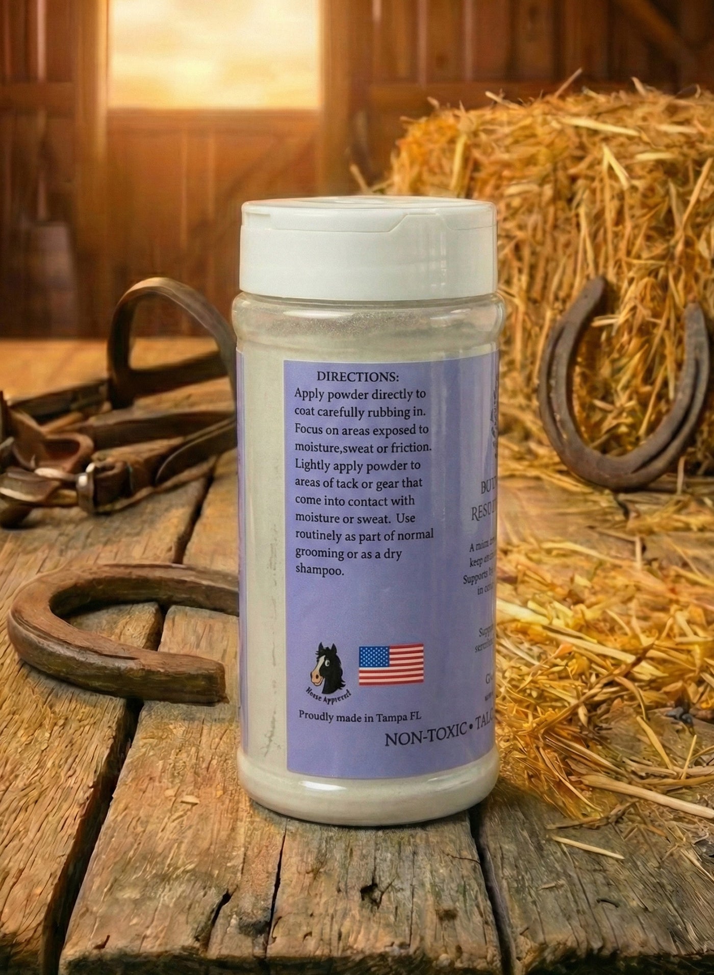 Restorative Powder directions label — non-toxic, made in USA, natural horse grooming powder