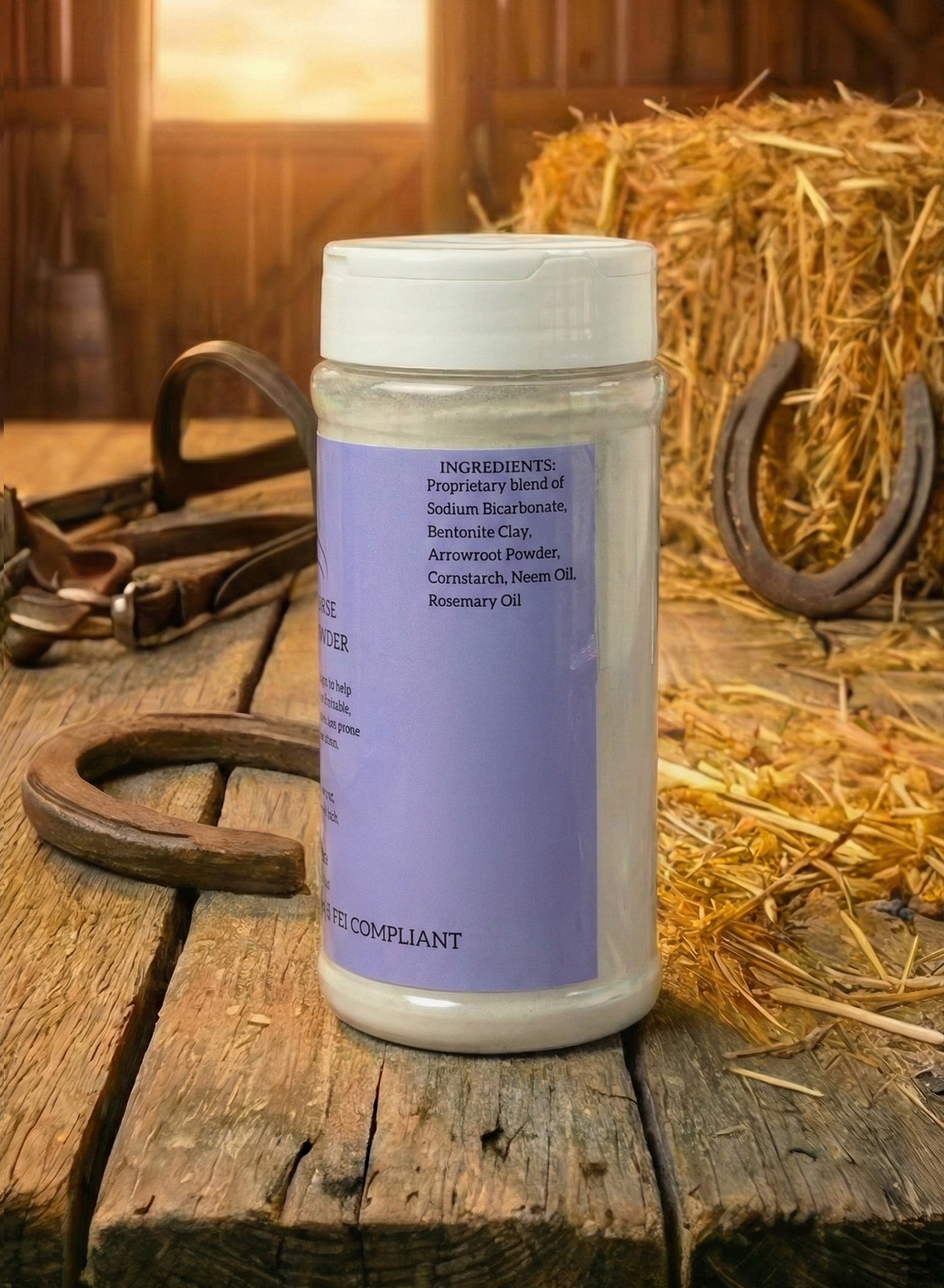 Restorative Powder back label showing ingredients — talc-free anti-fungal horse powder