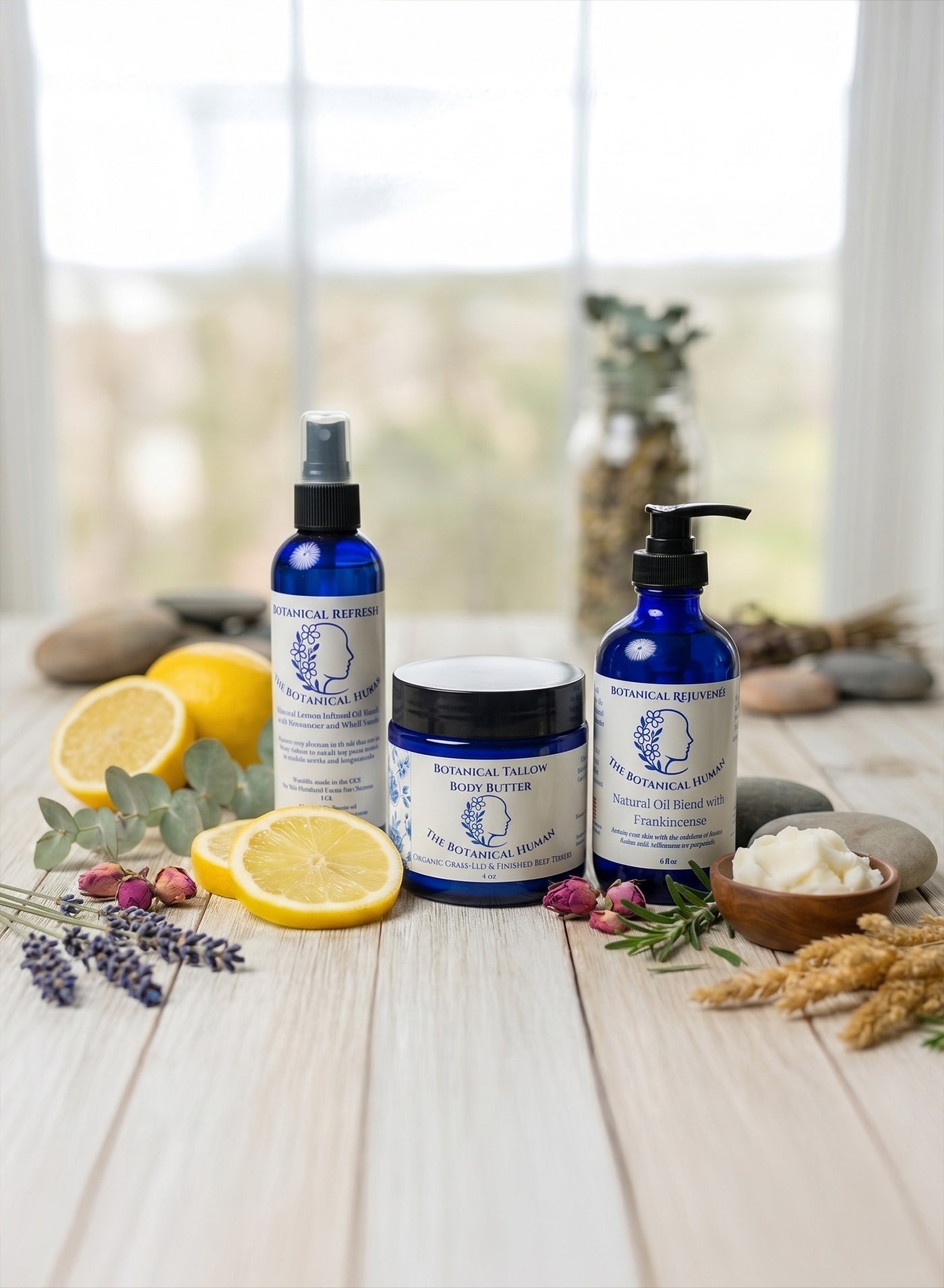 Complete Botanical Skin Care Set — organic rose water facial mist, frankincense eye oil, and grass-fed tallow body butter from The Botanical Horse