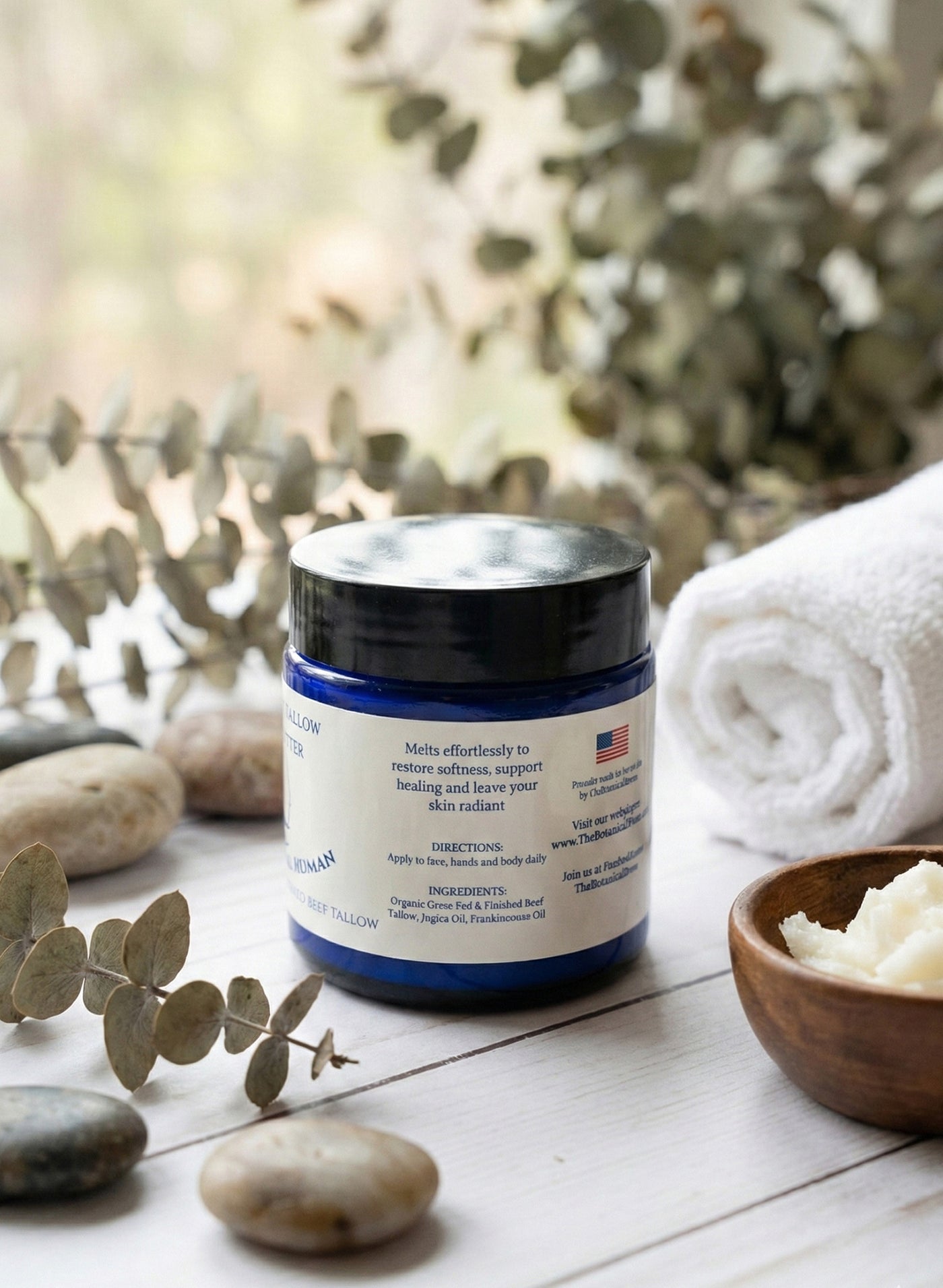 Botanical Tallow Body Butter back label showing ingredients and directions — organic grass-fed beef tallow moisturizer