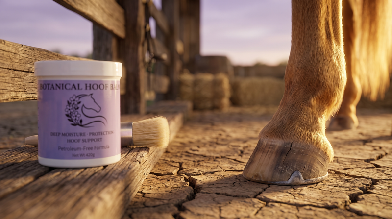 Botanical Hoof Balm jar on a fence rail beside a horse hoof on dry cracked late-summer ground — natural care for cracked hooves in horses