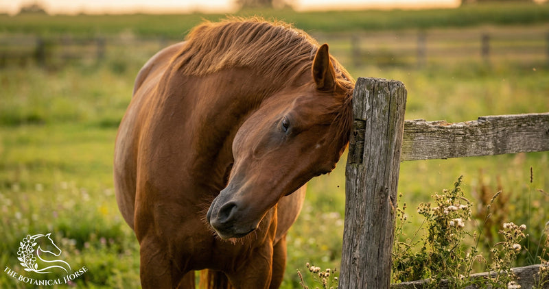 Horse rubbing its mane against a wooden fence post in a pasture — a common sign of itchy skin and sweet itch