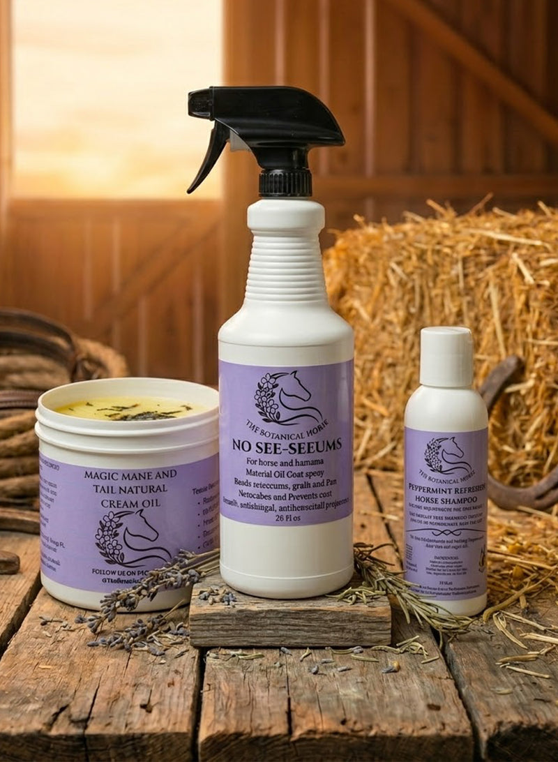 Complete Coat Care Kit for horses — sulfate-free peppermint shampoo, organic mane and tail crème oil, and oil-based no-see-um coat spray