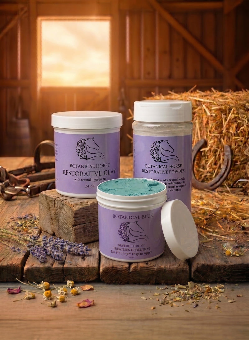Complete Hoof and Skin Recovery Kit for horses — Botanical Blue Clay hoof packing, Restorative Clay, and Restorative Powder for thrush, white line, and rain rot