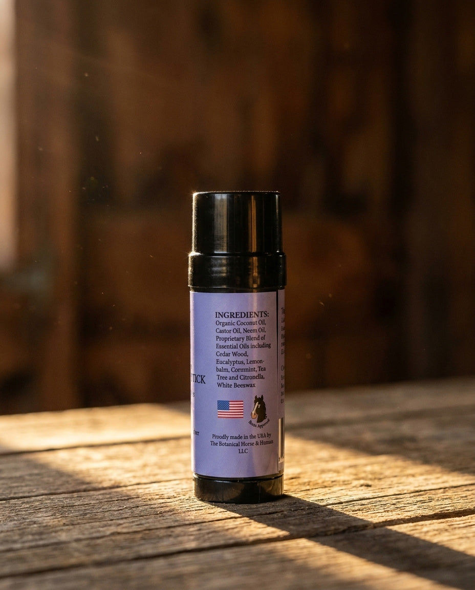 No-See-Um Fly Stick ingredients label — coconut oil, castor oil, neem oil, essential oils, beeswax