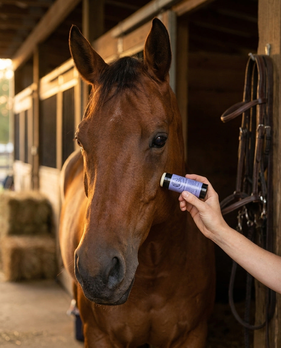 Applying No-See-Um Fly Stick to a calm bay horse's face in a barn aisle