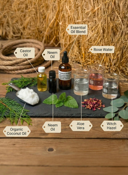 No-See-Um Coat Spray natural ingredients — neem oil, coconut oil, aloe vera, witch hazel, essential oil blend, rose water