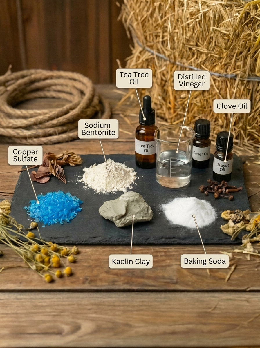 Botanical Blue Clay ingredients — copper sulfate, sodium bentonite, kaolin clay, baking soda, tea tree oil, distilled vinegar, and clove oil on a slate board