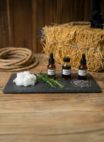 Mane and Tail Crème Oil key ingredients — rosemary oil, neem oil, lavender oil, coconut oil
