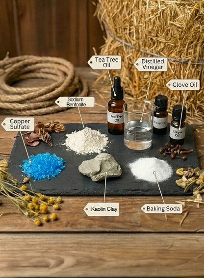 Botanical Blue Clay natural ingredients — copper sulfate, kaolin clay, tea tree oil, clove oil, baking soda, sodium bentonite